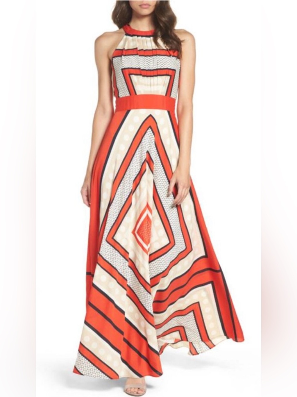 Eliza J Red and Cream Halter-Neck Geometric Maxi Dress
